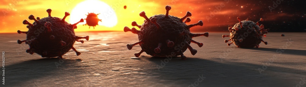 Poster three virus particles are illuminated by the bright setting sun