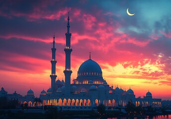 Obraz premium Stunning Sunset Mosque Majestic Arabian Architecture Scenic Vibrant Colors Night Sky Red UAE Moon 