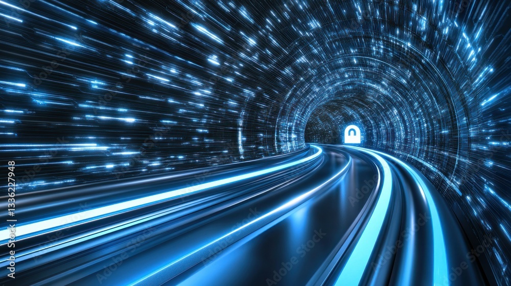 Poster A glowing digital data tunnel with a secure lock symbol