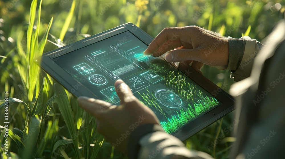 Poster person using a tablet to analyze agricultural field data