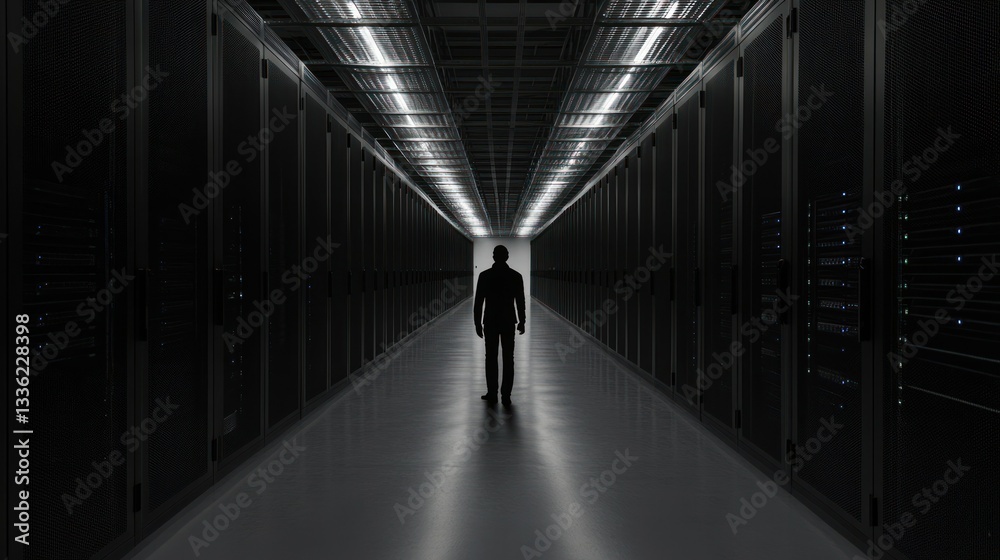 Poster a person walks down a long hallway in a data center