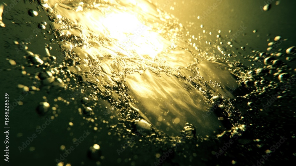 Poster water surface with light and floating bubbles underwater view