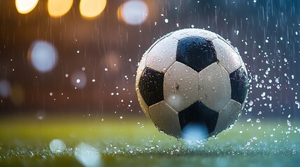 Fototapeta premium Soccer ball mid-kick with splashing water droplets, capturing dynamic energy and motion. 