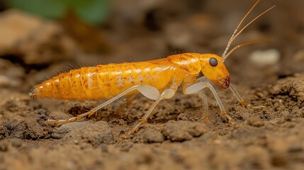 Close-up of a vibrant orange-yellow grasshopper-like insect on brown soil.  Detailed view of its segmented body, long legs, and antennae