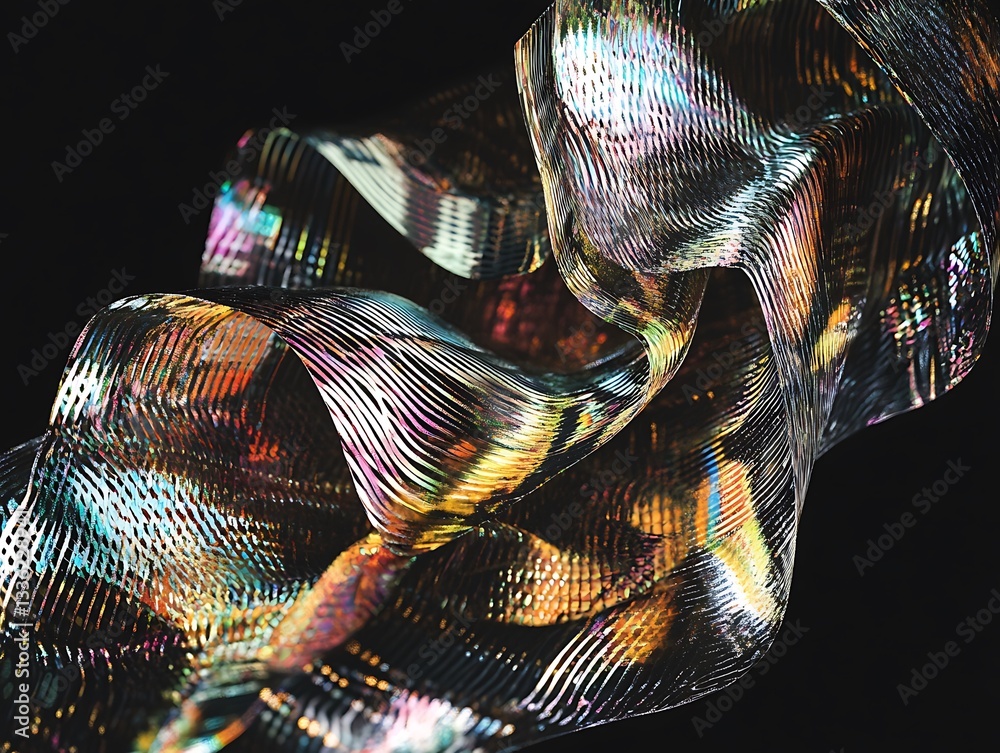 Poster abstract iridescent fabric flowing in dark background.