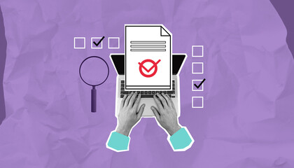 Hands typing on a laptop with a document featuring a red check mark, surrounded by checklist boxes and a magnifying glass on a crumpled purple background.