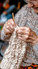 An older woman carefully using needles to knit with yarn