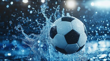 Naklejka premium Soccer ball mid-kick with splashing water droplets, capturing dynamic energy and motion. 
