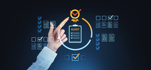 Business audit concept with digital checklist interface.
