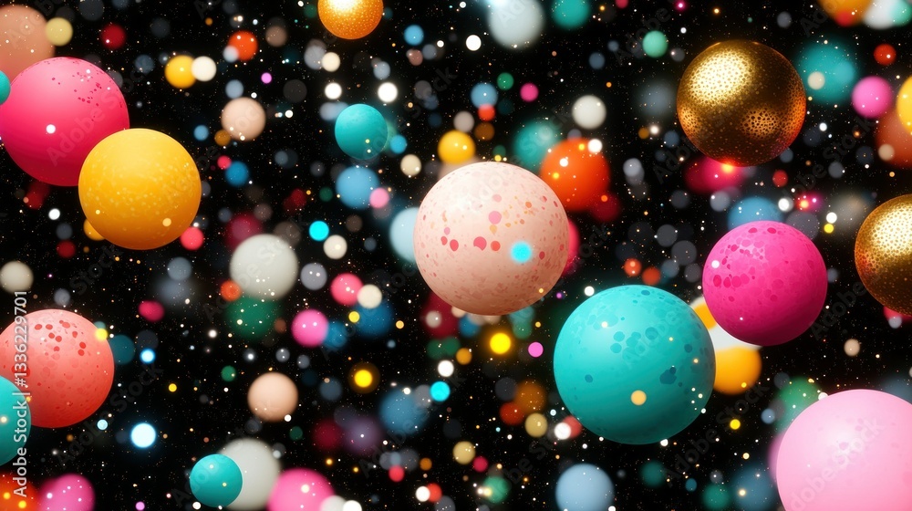 Poster Colorful spherical objects float against a dark starfilled background