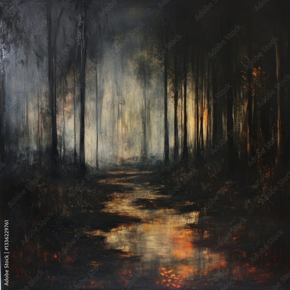 Aufkleber an abstract painting featuring a serene forest path with mysterious lighting