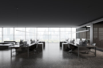 Modern office interior with desks and chairs. 3D Rendering