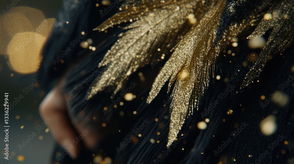 Poster close up view of golden feathers on dark material surface