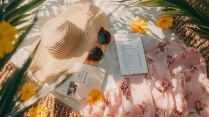 A flat lay of travel essentials, including a passport, boarding pass, sunglasses, and a guidebook, perfect for tourism marketing visuals.
