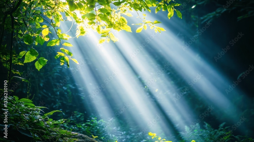 Aufkleber sunlight filters through forest canopy creating beautiful light beams