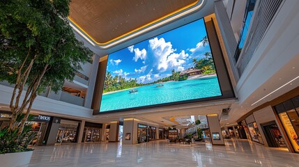 A giant digital screen in an urban shopping mall playing a promotional video for an island getaway.