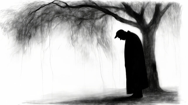 Lonely man grieving under weeping willow tree in black and white