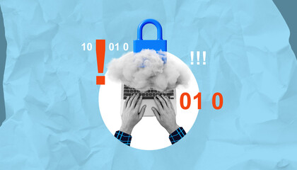 Cybersecurity concept with a blue padlock and cloud over a laptop, symbolizing data protection and digital security.