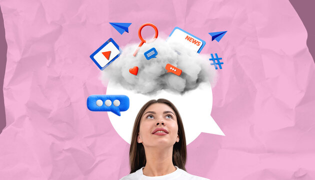 Woman thinking about social media with digital icons floating ar - Powered by Adobe