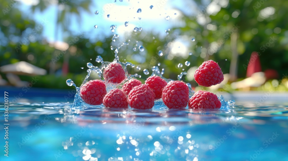 Poster several fresh raspberries creating a splash in shimmering blue water