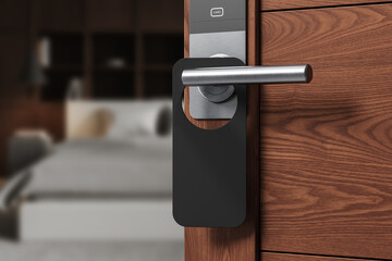 Blank door hanger mockup on modern hotel room door handle. 3D Rendering