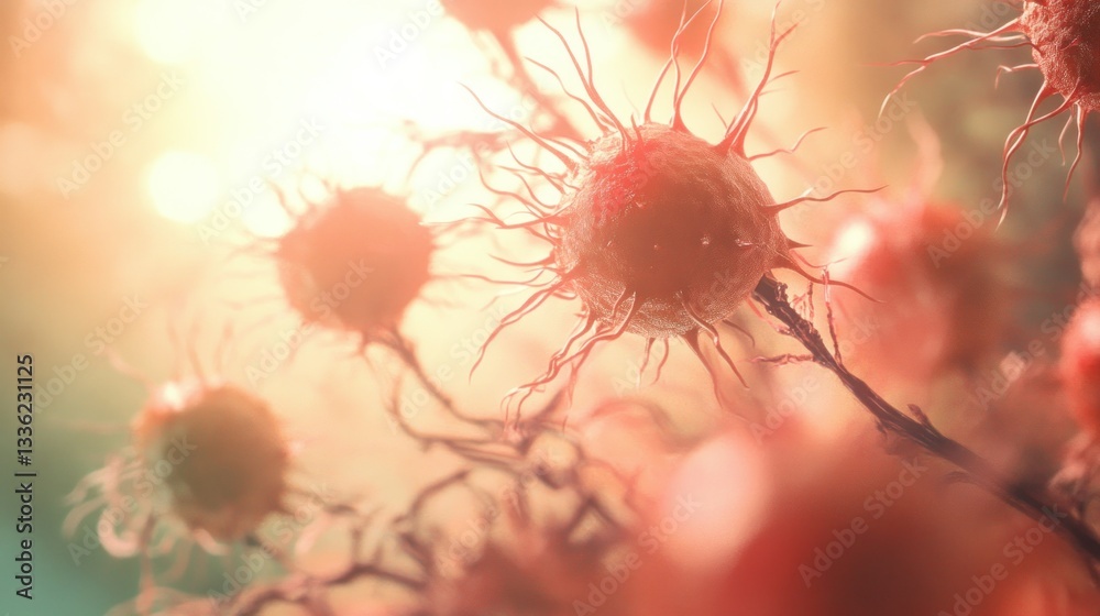 Poster Microscopic view of several cell structures in vibrant shades of red