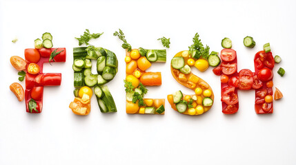 "FRESH" Word Art Made with Colorful Diced Vegetables on White Background - Healthy Eating Concept