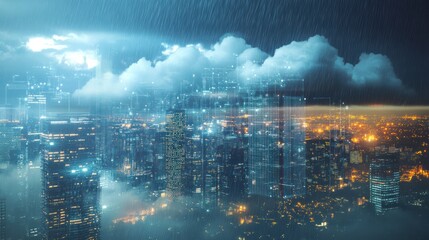 Futuristic Cityscape: AI Weather Prediction Over Modern Metropolis in Rainy Conditions