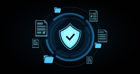 Cybersecurity data protection concept with shield and checkmark icon. 3D Rendering