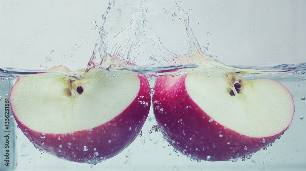 Poster two apple halves splashing into clear and refreshing water