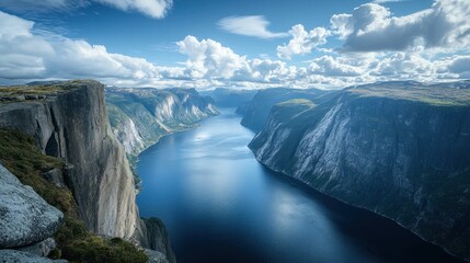 Spectacular panoramic vista of a Norwegian fjord surrounded by imposing cliffs