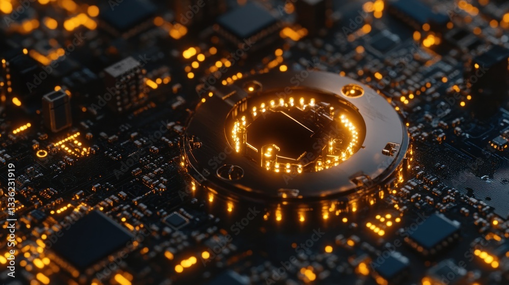 Poster an illuminated electronic circuit board exhibiting advanced technological components