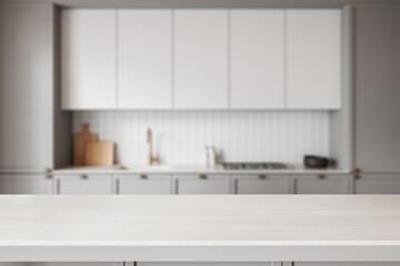 Light-colored countertop mockup in modern kitchen with blurred background. 3D Rendering