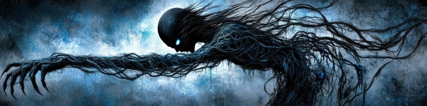 Dark creature floats in eerie, cloudy, blue environment
