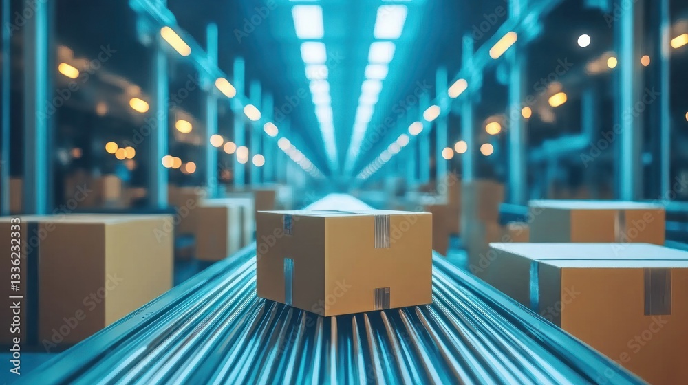 Poster boxes moving on a conveyor system inside a distribution facility
