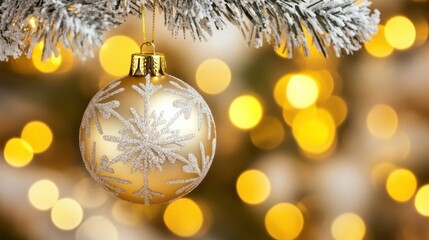 A gold ornament decorated with a snowflake hangs from evergreen branches
