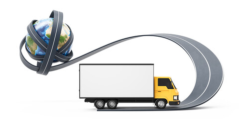 Yellow delivery truck on curved road with globe wrapped in highways. 3D Rendering