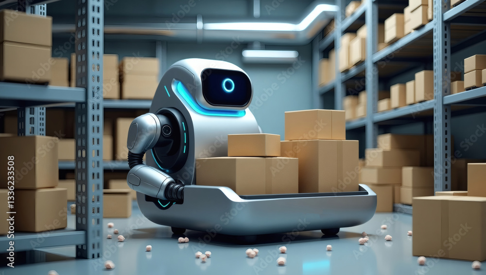 Poster a robot efficiently moving packages in a warehouse with numerous boxes on shelves