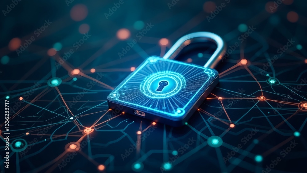 Poster a digital lock, symbolizing cybersecurity and data protection, set against a backdrop of interconnec