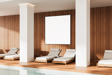Blank framed poster mockup in luxury poolside interior with wooden slat wall. 3D Rendering