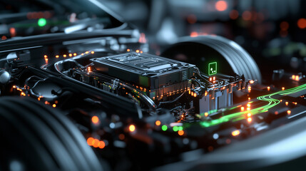 A highly detailed shot of an advanced battery management system (BMS) within an electric vehicle, with glowing indicators and precisely arranged electronic components.