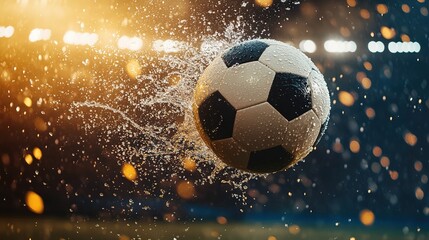Naklejka premium Soccer ball mid-kick with splashing water droplets, capturing dynamic energy and motion. 