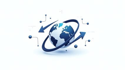a globe with arrows around it, symbolizing global connectivity, surrounded by small circles representing data points