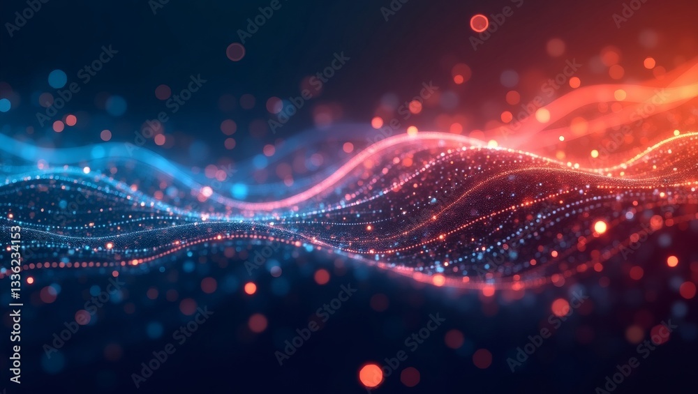 Poster abstract digital flowing particles with blue and red hues and bokeh effect