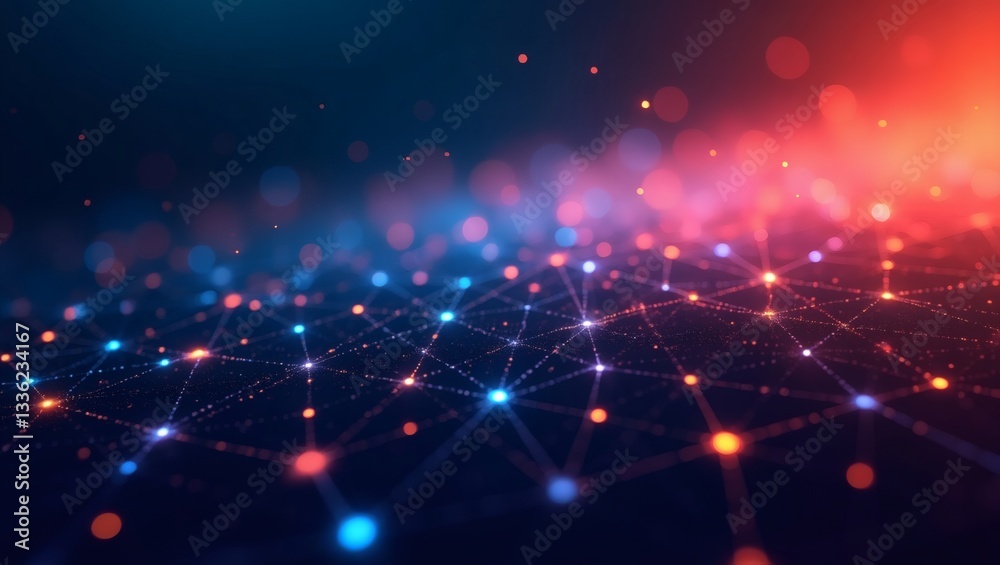 Poster an abstract technology design with interconnected dots and glowing lights