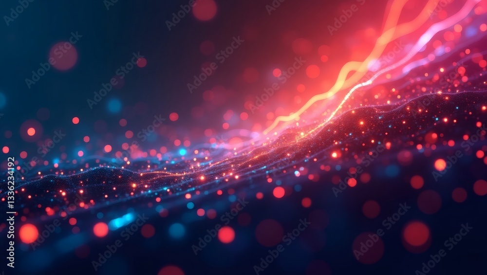 Poster abstract digital wave composed of red and blue lights, creating a sense of energy and connection