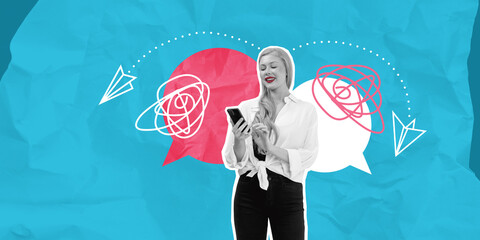 Woman using smartphone with speech bubbles on blue background.