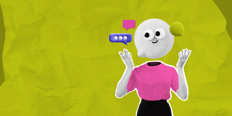 Abstract character with a speech bubble head on a crumpled yello