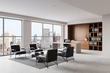 Fototapeta premium Modern executive office with large windows and cityscape view. 3D Rendering