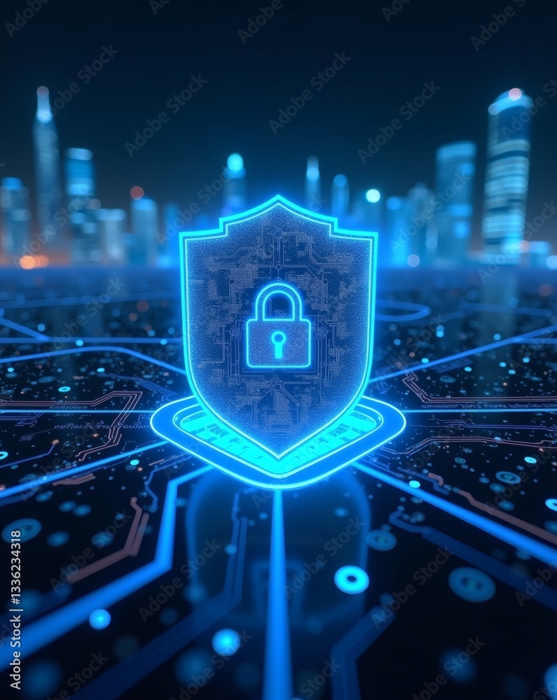 Poster a digital shield with a lock symbol, representing cybersecurity and data protection in a modern cityscape